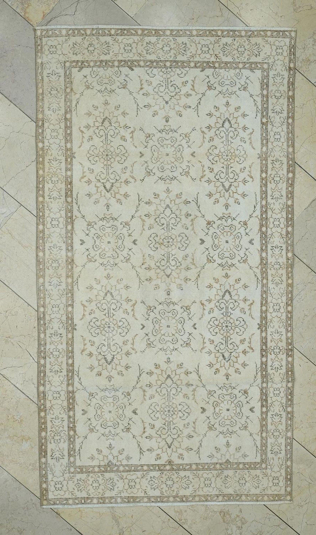 Vintage Beige Brown Handmade Oushak Rug,3.6x6.7 Ft,Wool Turkish Carpet Rugs.