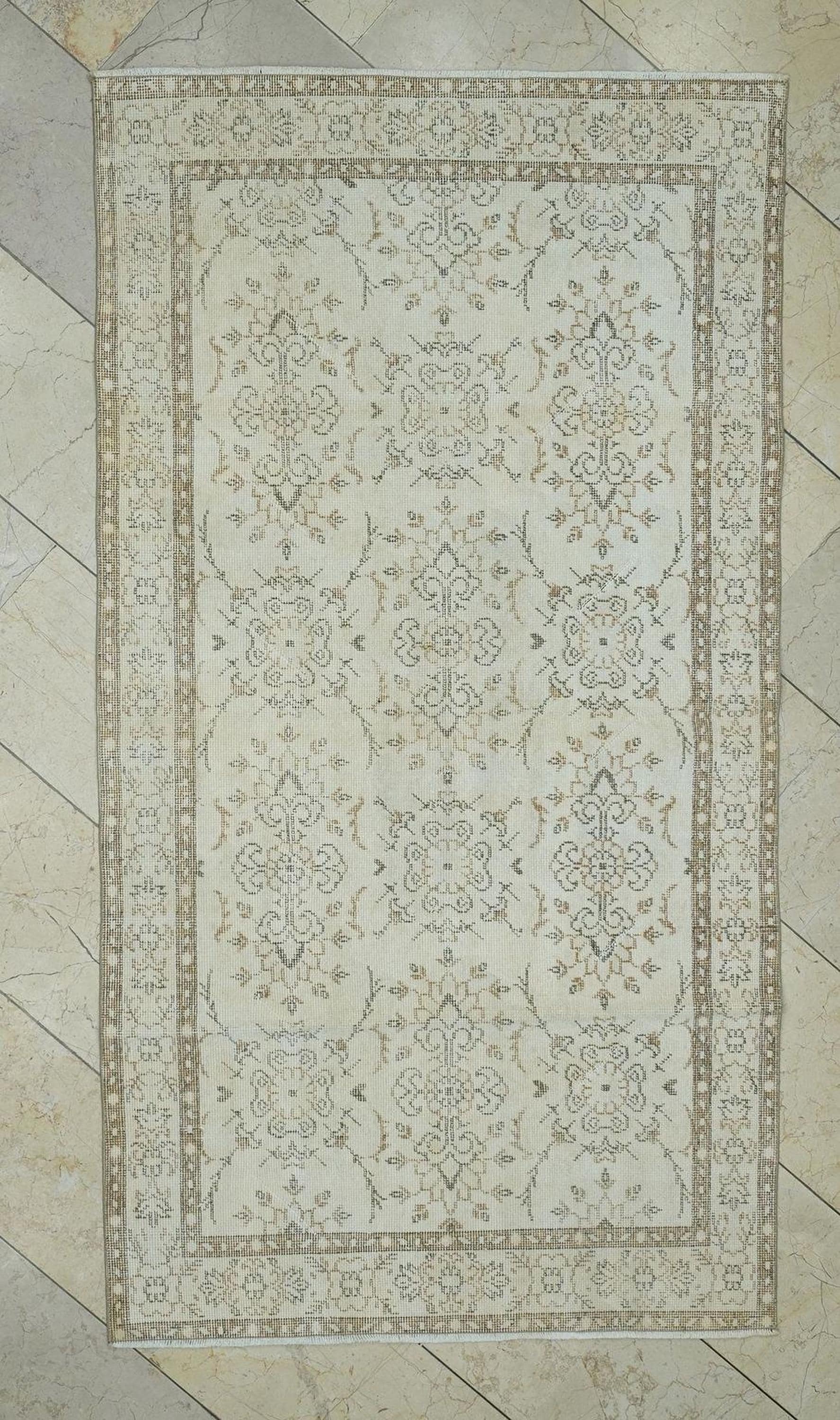 Vintage Beige Brown Handmade Oushak Rug,3.6x6.7 Ft,Wool Turkish Carpet Rugs.