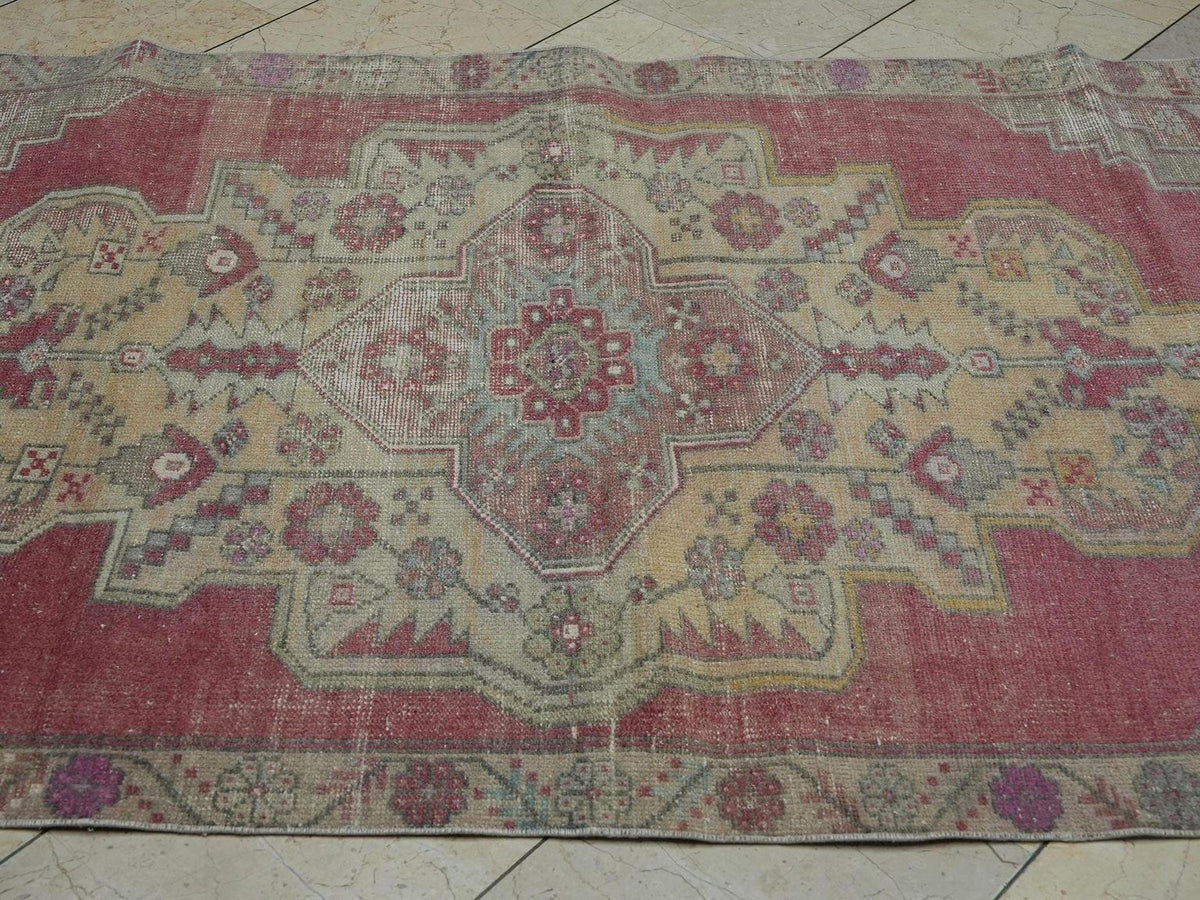 Turkish Vintage Wool Carpet Rug,4.4x8 Ft,Handmade Oushak Rugs.