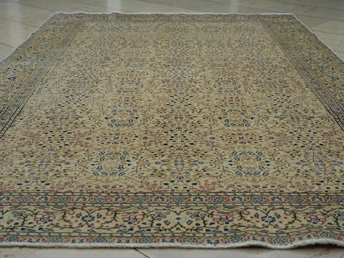 Seven Mountains Flower Pattern Wool & Cotton Rug,5x7 Primitive Handmade Turkish Carpet.