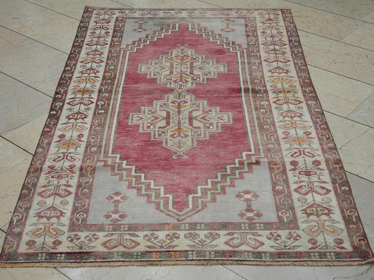 Small Size Vintage Oushak Rug: Mid-Century Modern Turkish Wool Carpet, 3.6 x 6.1 ft.