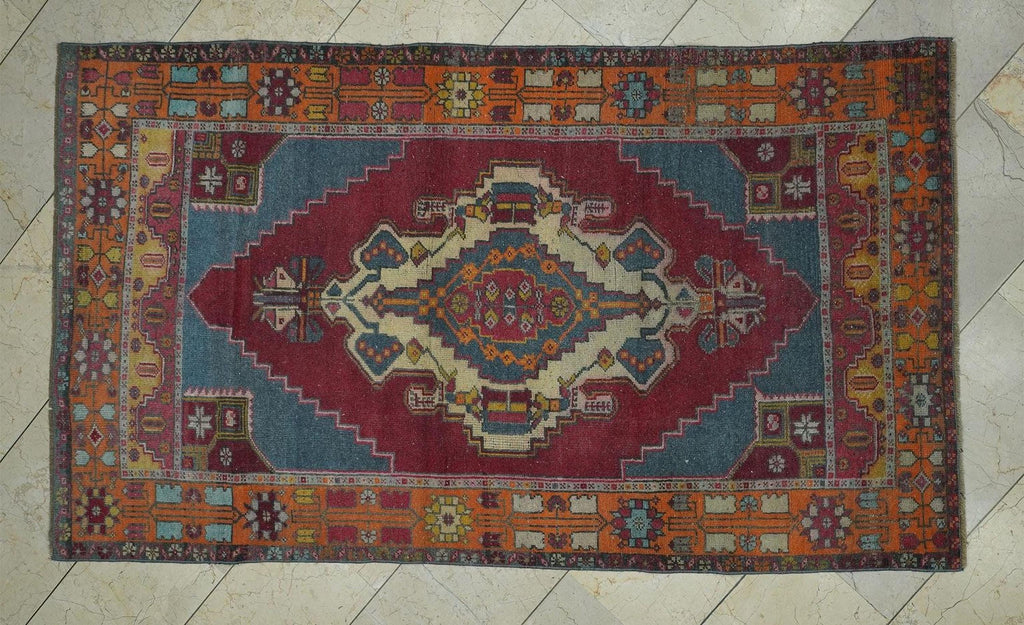 4x7 Blue Red Vintage Wool Oushak Rug,Handmade Old Rugs