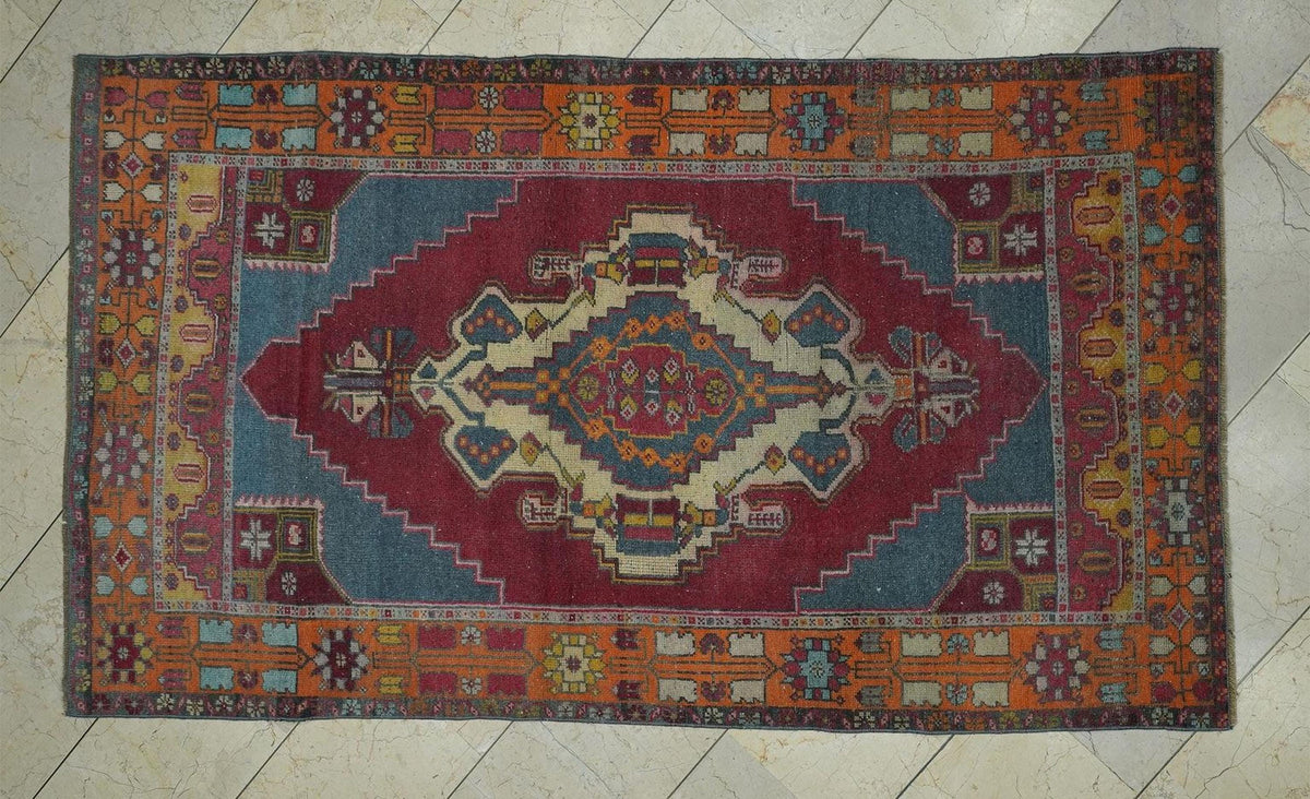 4x7 Blue Red Vintage Wool Oushak Rug,Handmade Old Rugs
