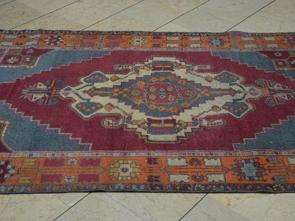 4x7 Blue Red Vintage Wool Oushak Rug,Handmade Old Rugs