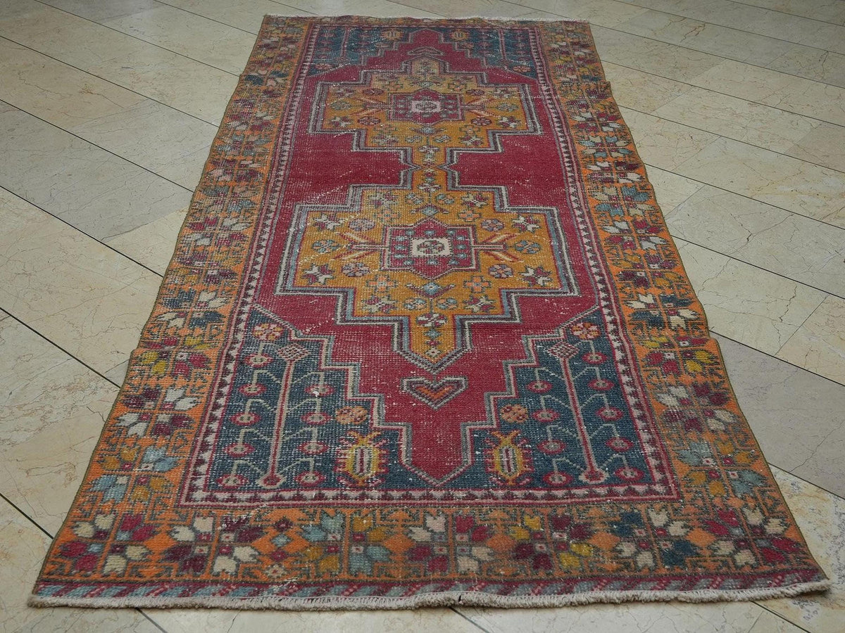 4x9 Vintage Wool Oushak Rug,Orange Red Handmade Turkish Rugs Home Decor.