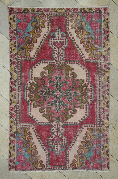 4x7 Mid Century Modern Blue Red Vintage Oushak Rug,Home Living Decor Wool Rugs.