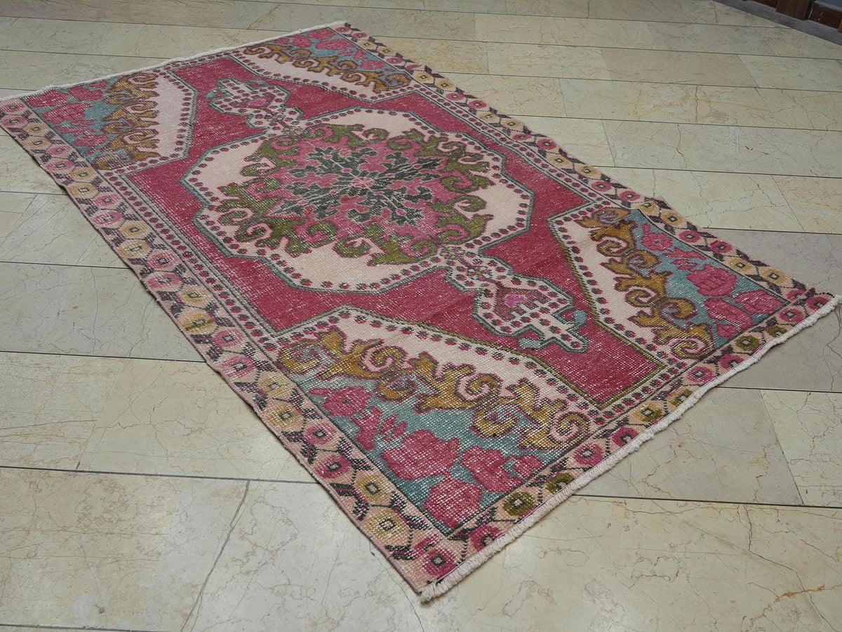 4x7 Mid Century Modern Blue Red Vintage Oushak Rug,Home Living Decor Wool Rugs.
