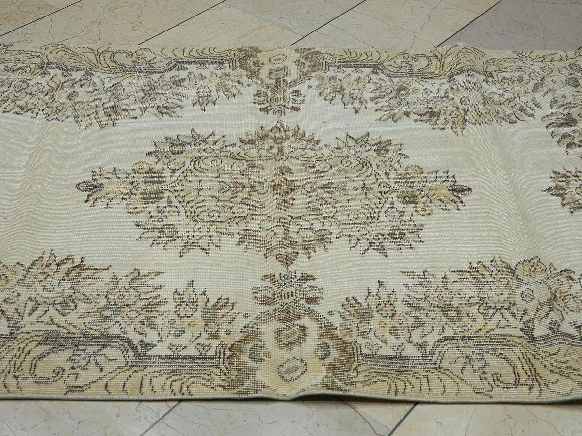 Neutral Handmade Wool Oushak Rug: 3.9"x6.7" Turkish Area Carpet