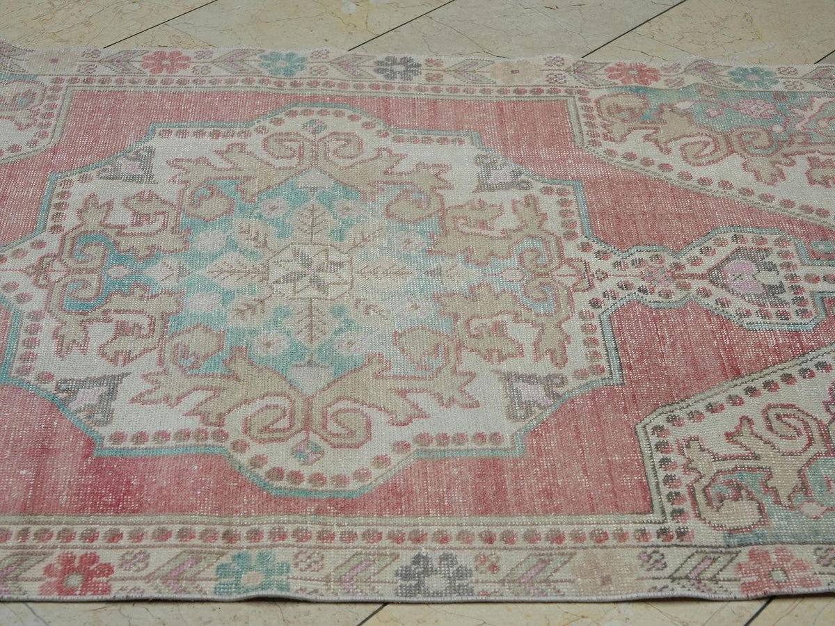 4x7 Blue And Pastel Red Mid Century Antique Turkish Carpet Rug.