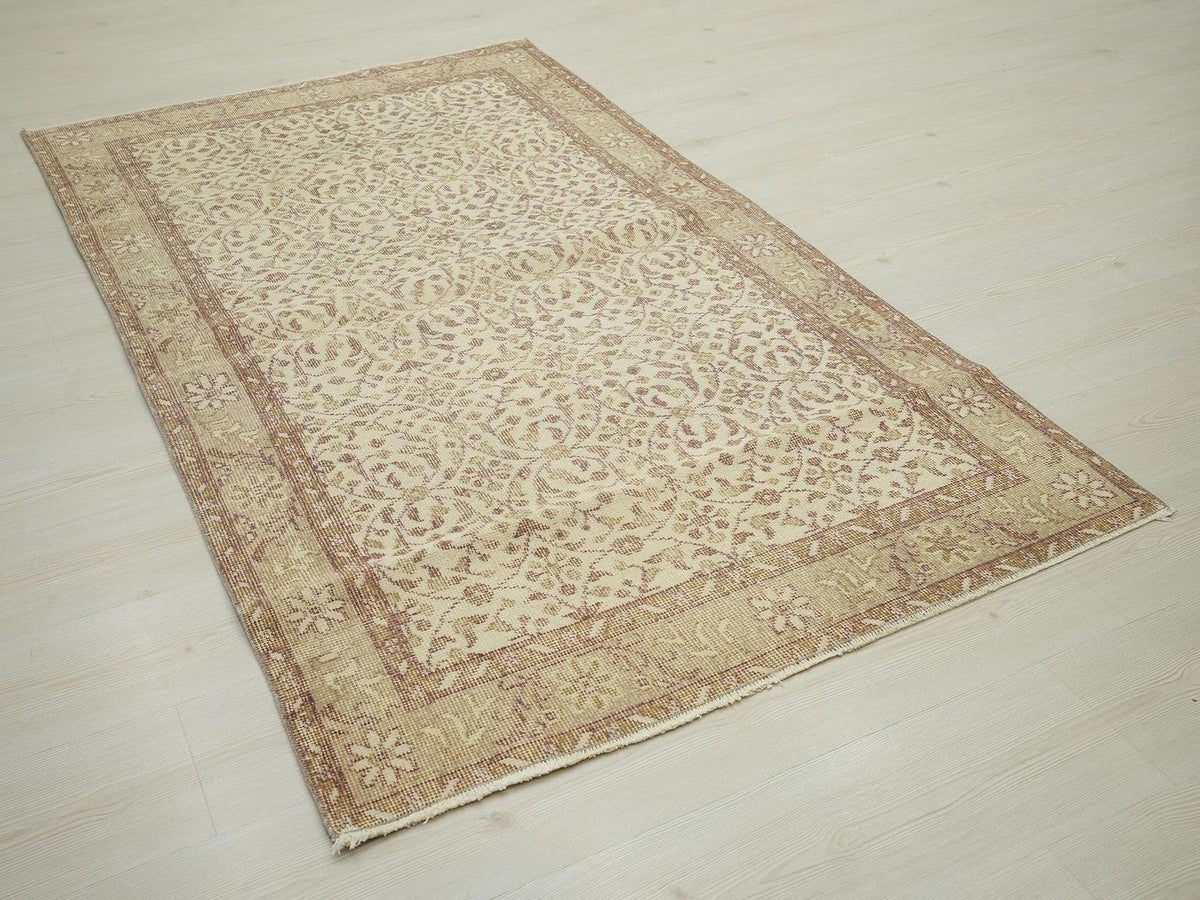 Vintage Neutral Oushak Rug: Brown Beige Turkish Wool Carpet, 3,8"x6,8" Ft.
