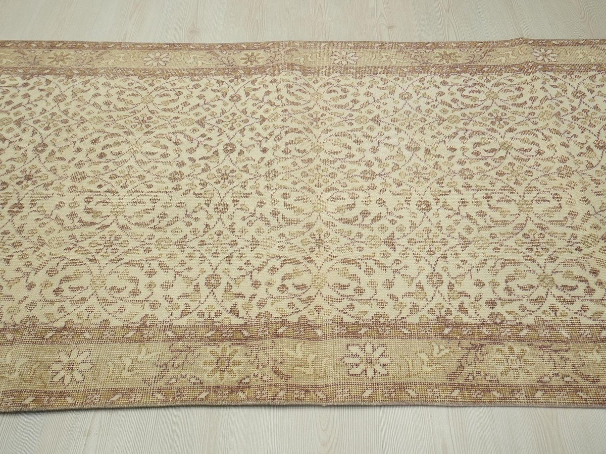 Vintage Neutral Oushak Rug: Brown Beige Turkish Wool Carpet, 3,8"x6,8" Ft.