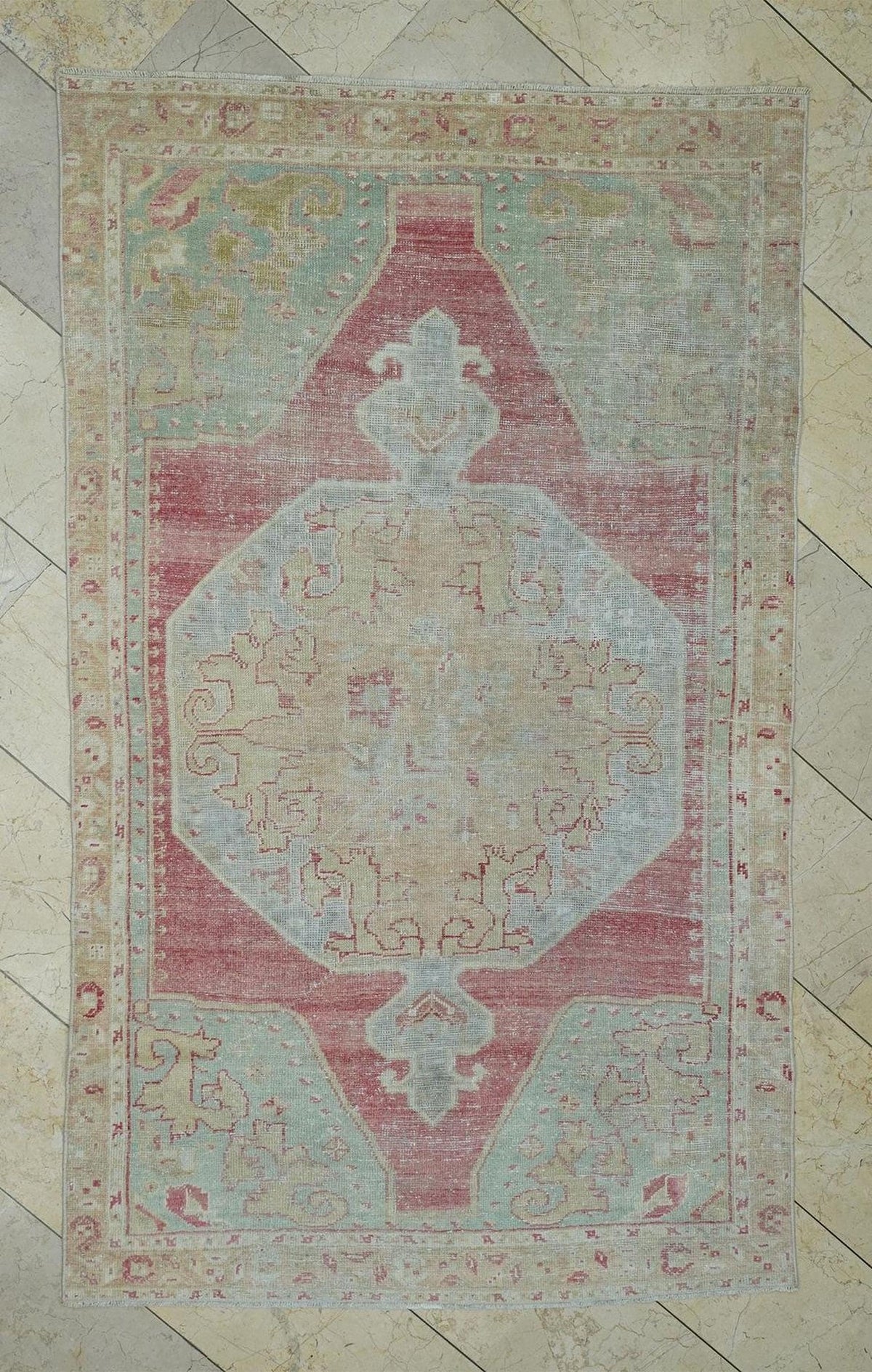 Sky Blue & Red Antique Wool Oushak Rug,4x7 Home Living Decor Turkish Handmade Rugs.