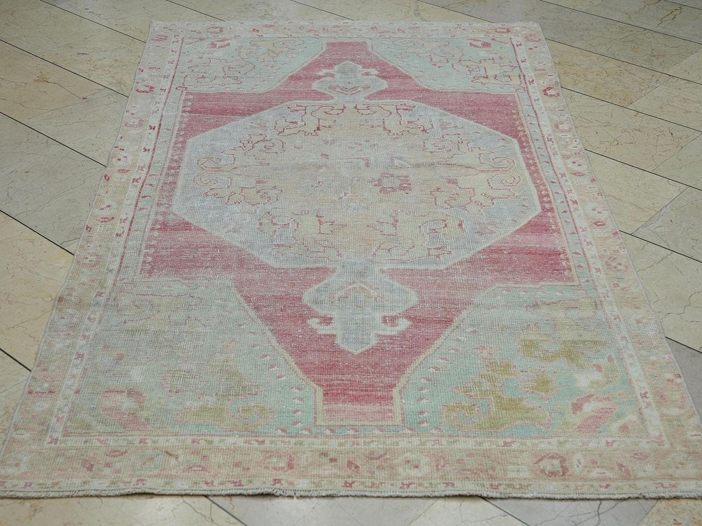 Sky Blue & Red Antique Wool Oushak Rug,4x7 Home Living Decor Turkish Handmade Rugs.
