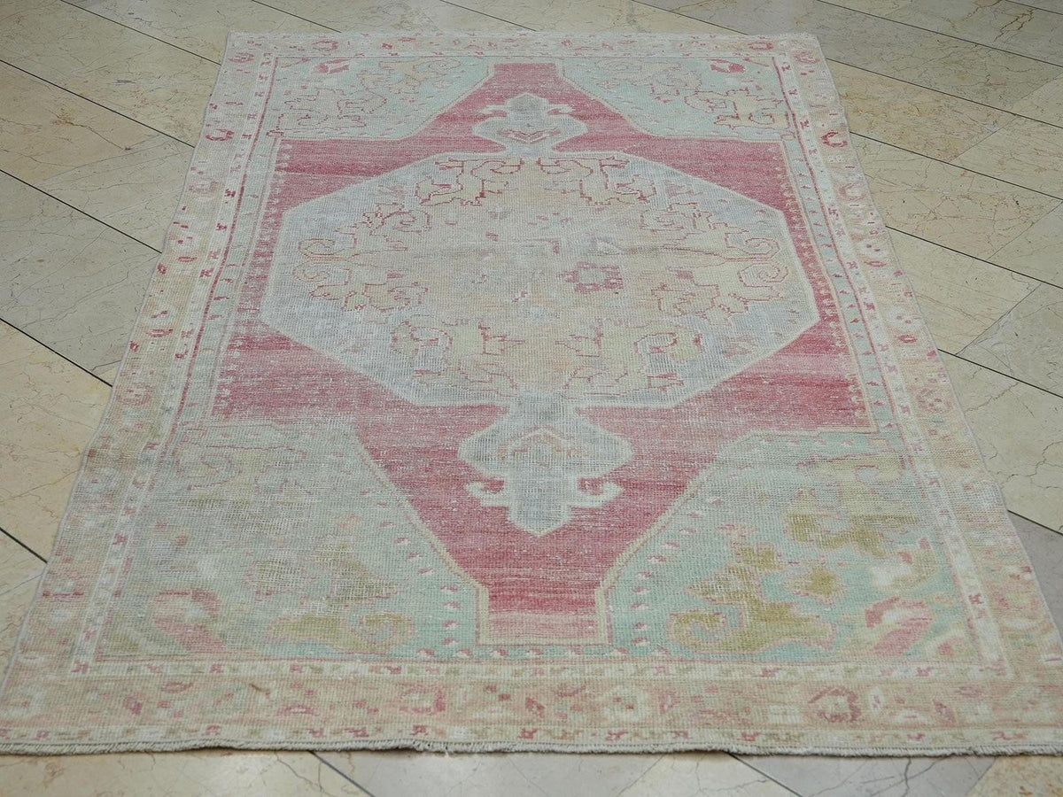 Sky Blue & Red Antique Wool Oushak Rug,4x7 Home Living Decor Turkish Handmade Rugs.