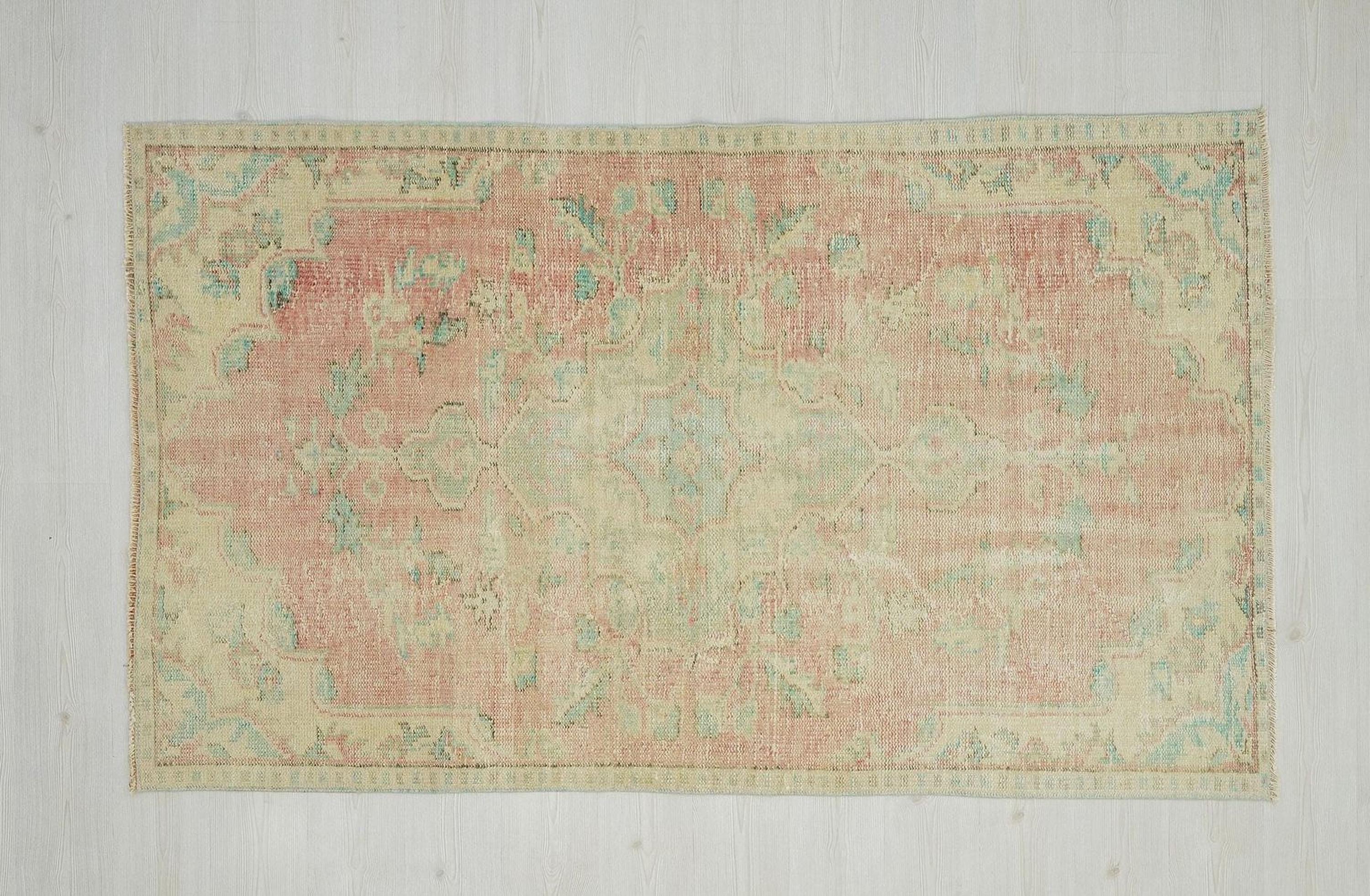 Small Vintage Oushak Rug: Green & Red Turkish Wool Carpet Rugs, 4,3"x7,5" Feet.