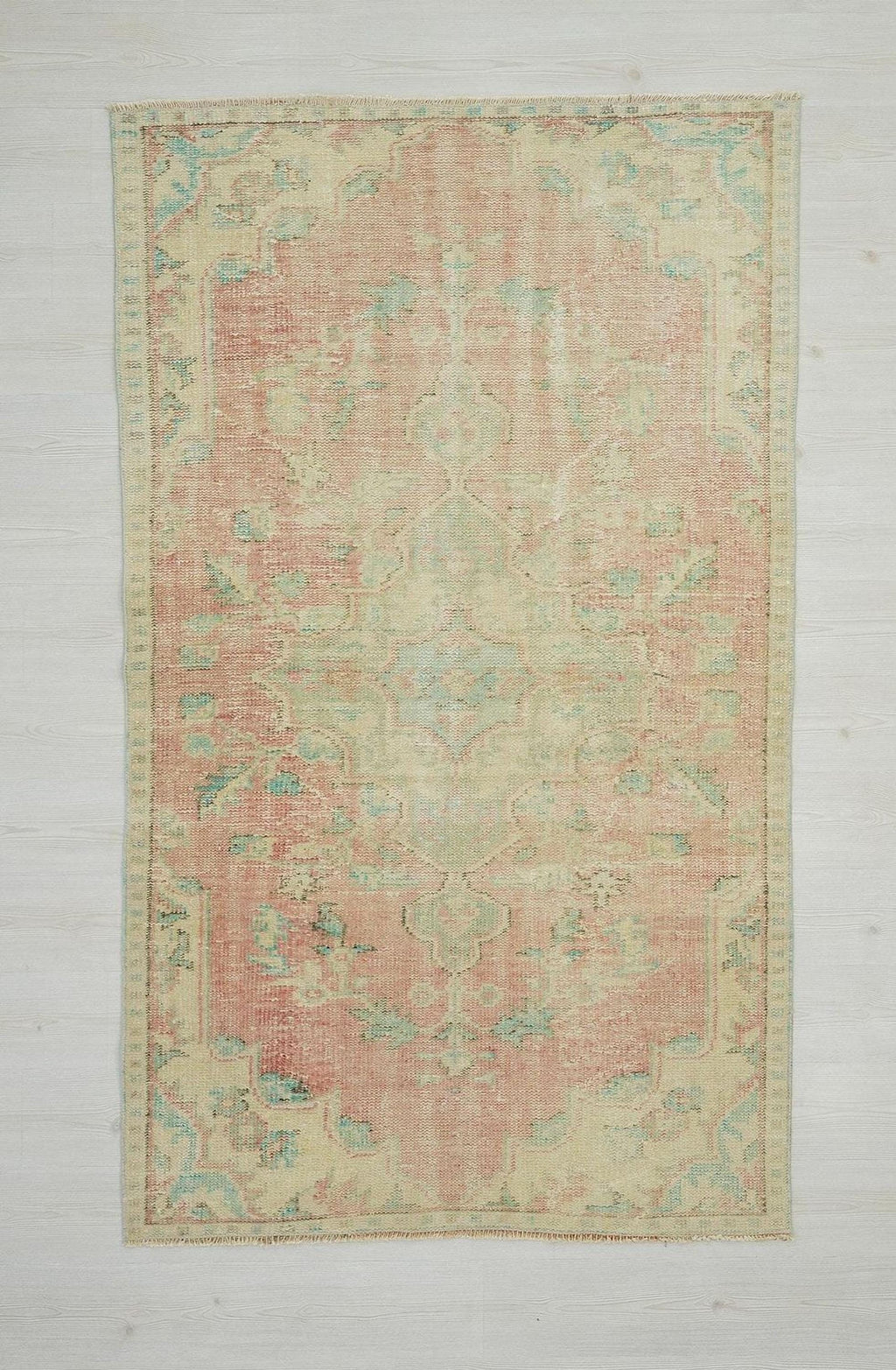 Small Vintage Oushak Rug: Green & Red Turkish Wool Carpet Rugs, 4,3"x7,5" Feet.