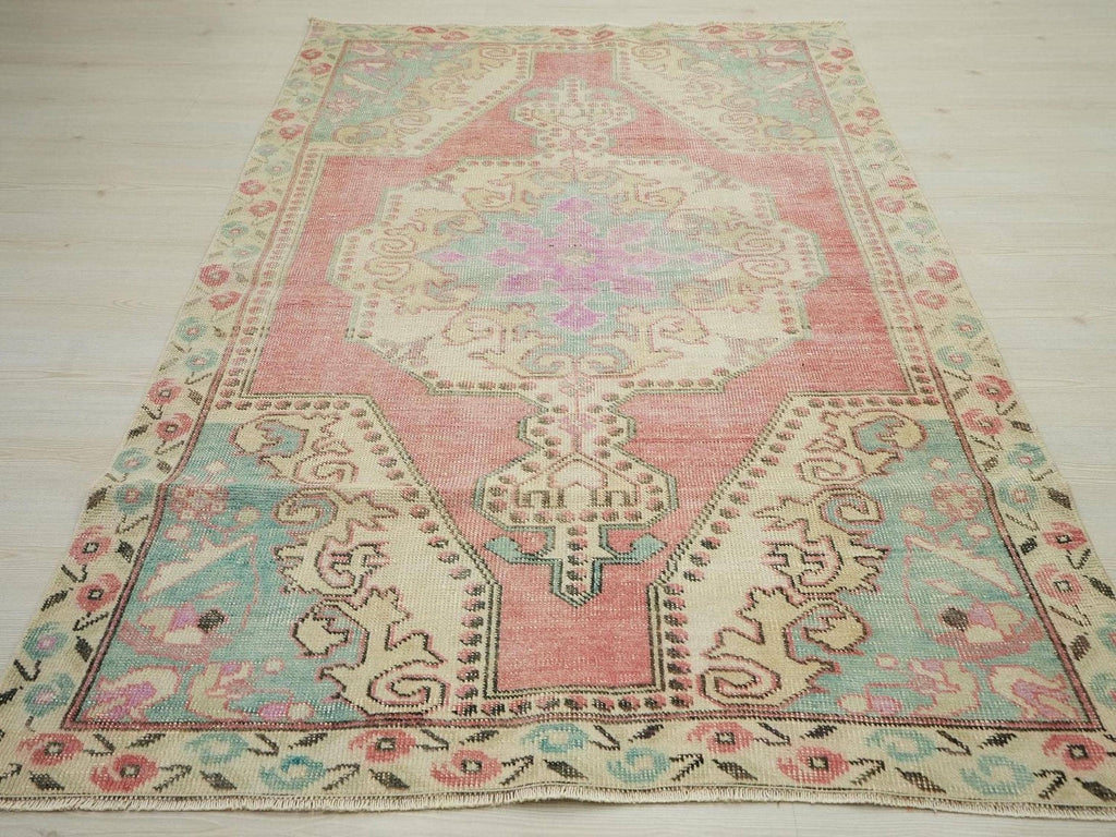 Pink Oushak Rug: Wool on Cotton Turkish Carpet, Mid-Century Modern Rugs 4,4x7 Feet.