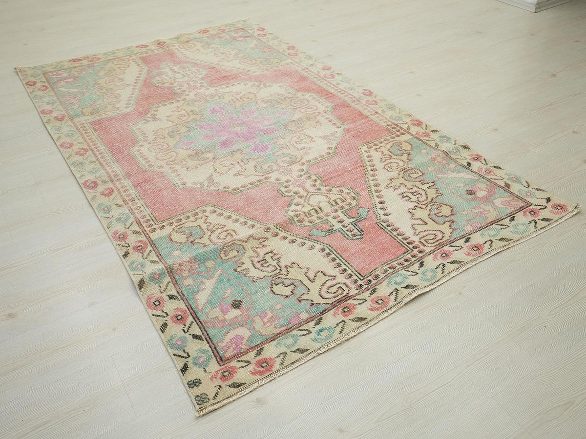 Pink Oushak Rug: Wool on Cotton Turkish Carpet, Mid-Century Modern Rugs 4,4x7 Feet.