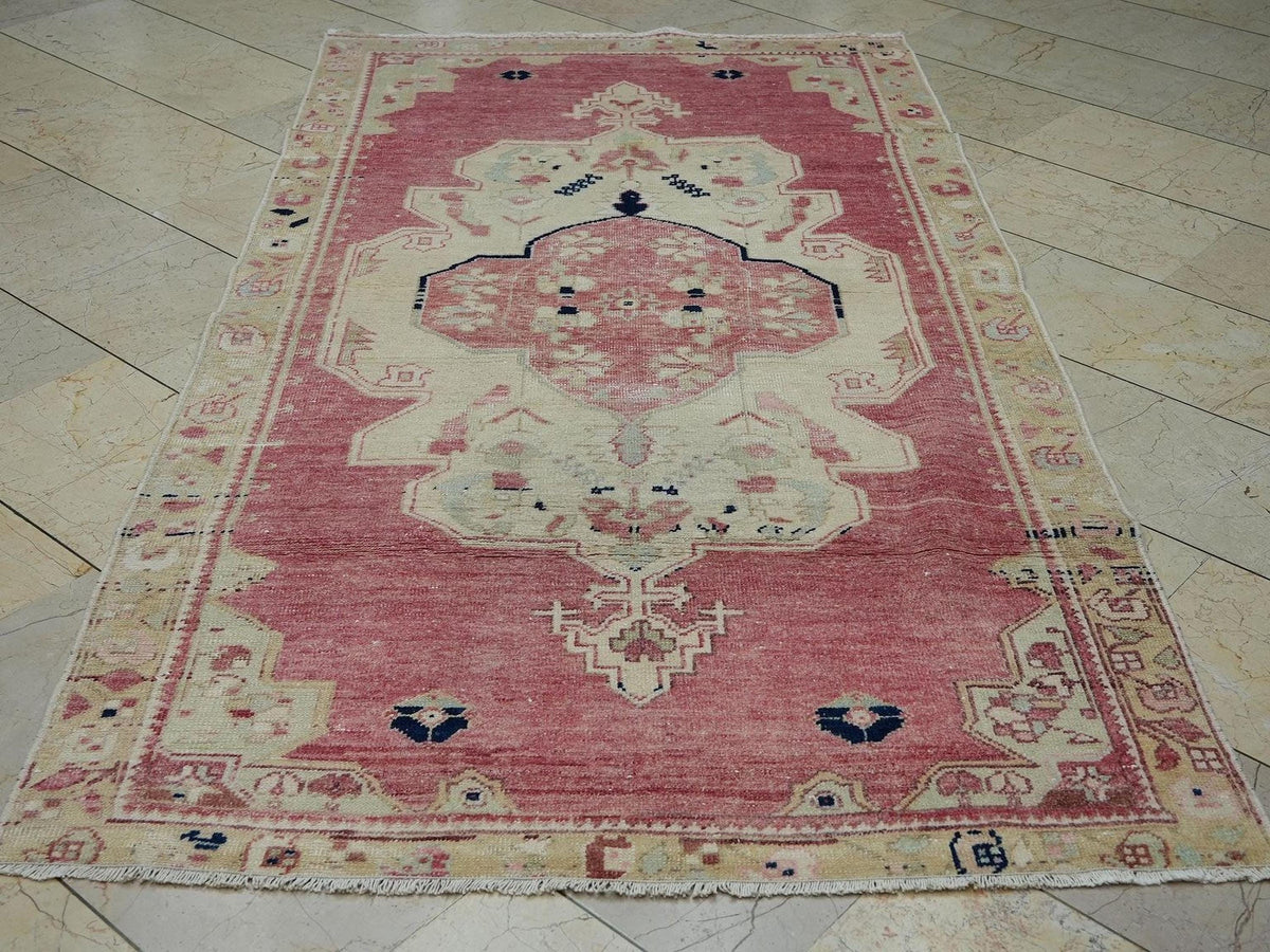 4.x 7.5 Vintage Primitive Design Oushak Rug,Turkish Wool And Cotton Carpet.