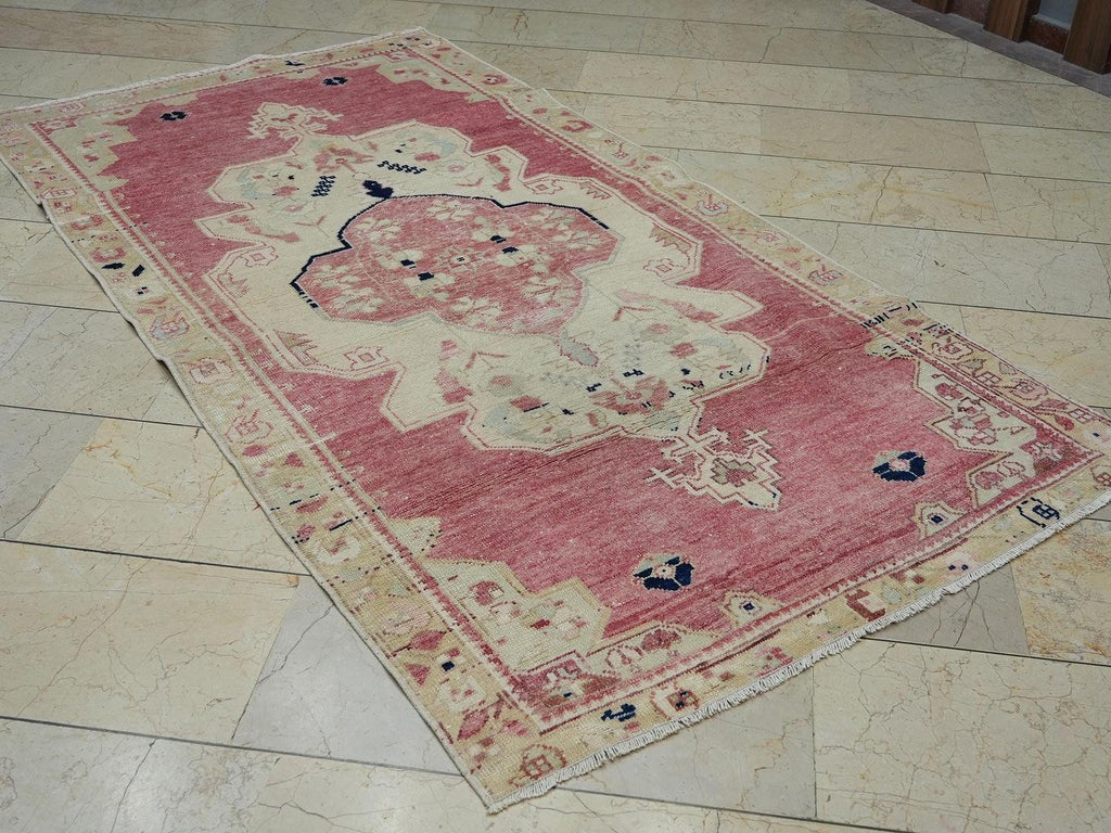 4.x 7.5 Vintage Primitive Design Oushak Rug,Turkish Wool And Cotton Carpet.