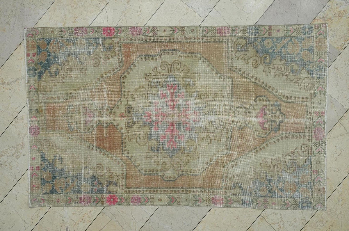 Vintage Turkish Rug:4.3x7 Feet,Mid Century Modern Pale Colors Oushak Rugs.