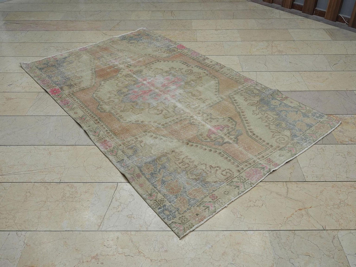 Vintage Turkish Rug:4.3x7 Feet,Mid Century Modern Pale Colors Oushak Rugs.