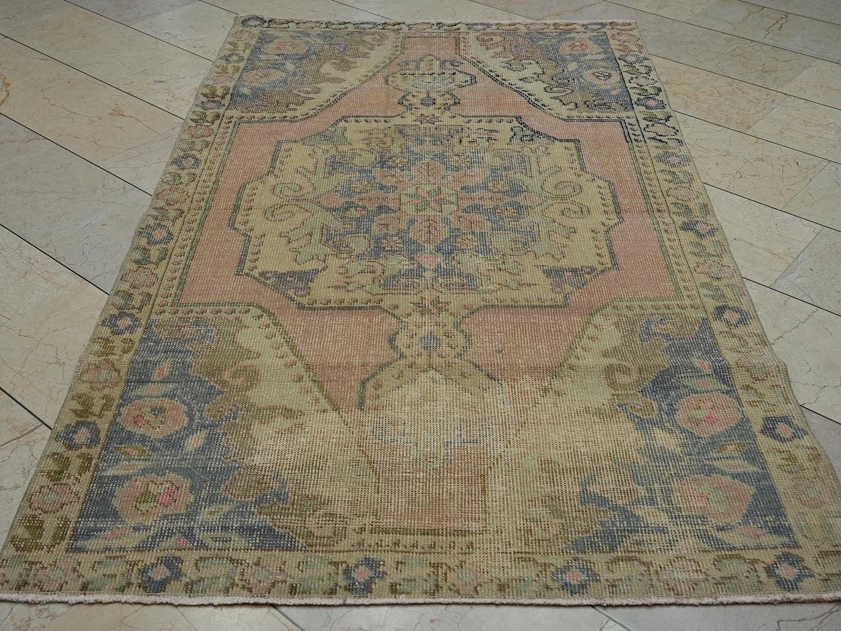 Vintage Pale Colors Oushak Rug: 4.5x7.4 Feet,Small Size Low Pile Turkish Rugs.