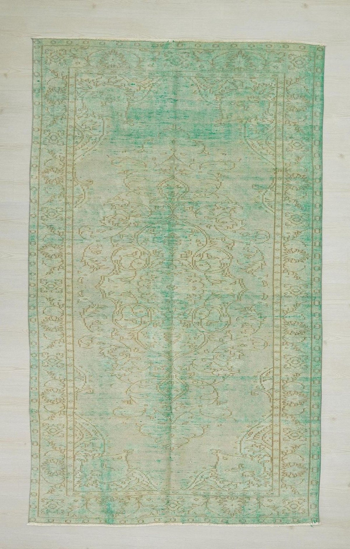 Vintage Turkish Oushak Rug 5x8: Green Mid Century Modern Carpet.