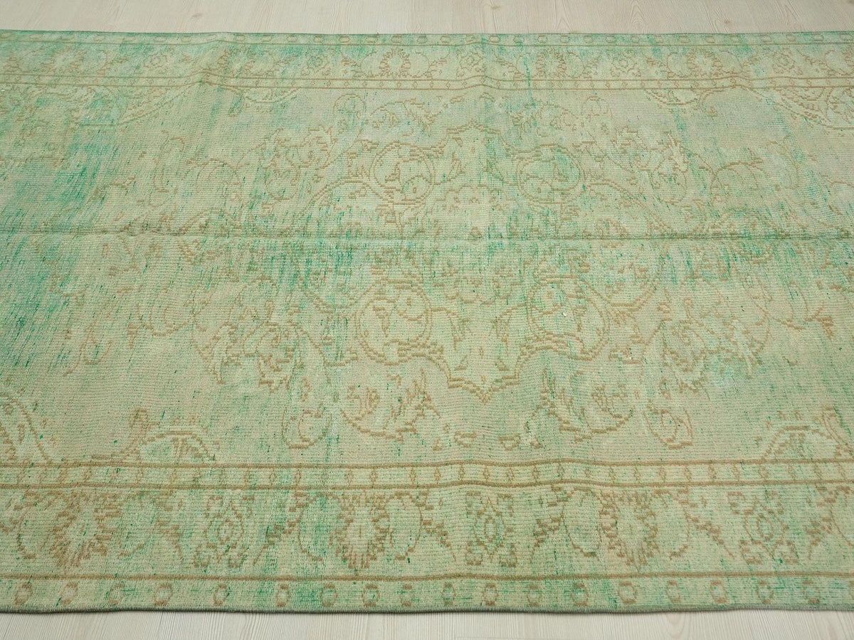 Vintage Turkish Oushak Rug 5x8: Green Mid Century Modern Carpet.
