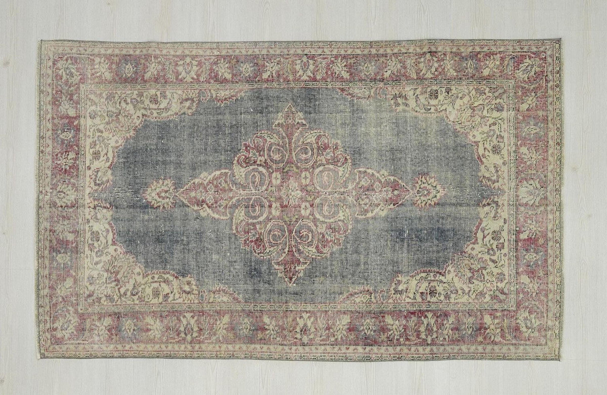 Navy Blue Vintage Oushak Rug: Small Turkish Wool Carpet Rugs. 3,9"x6,5" Feet.