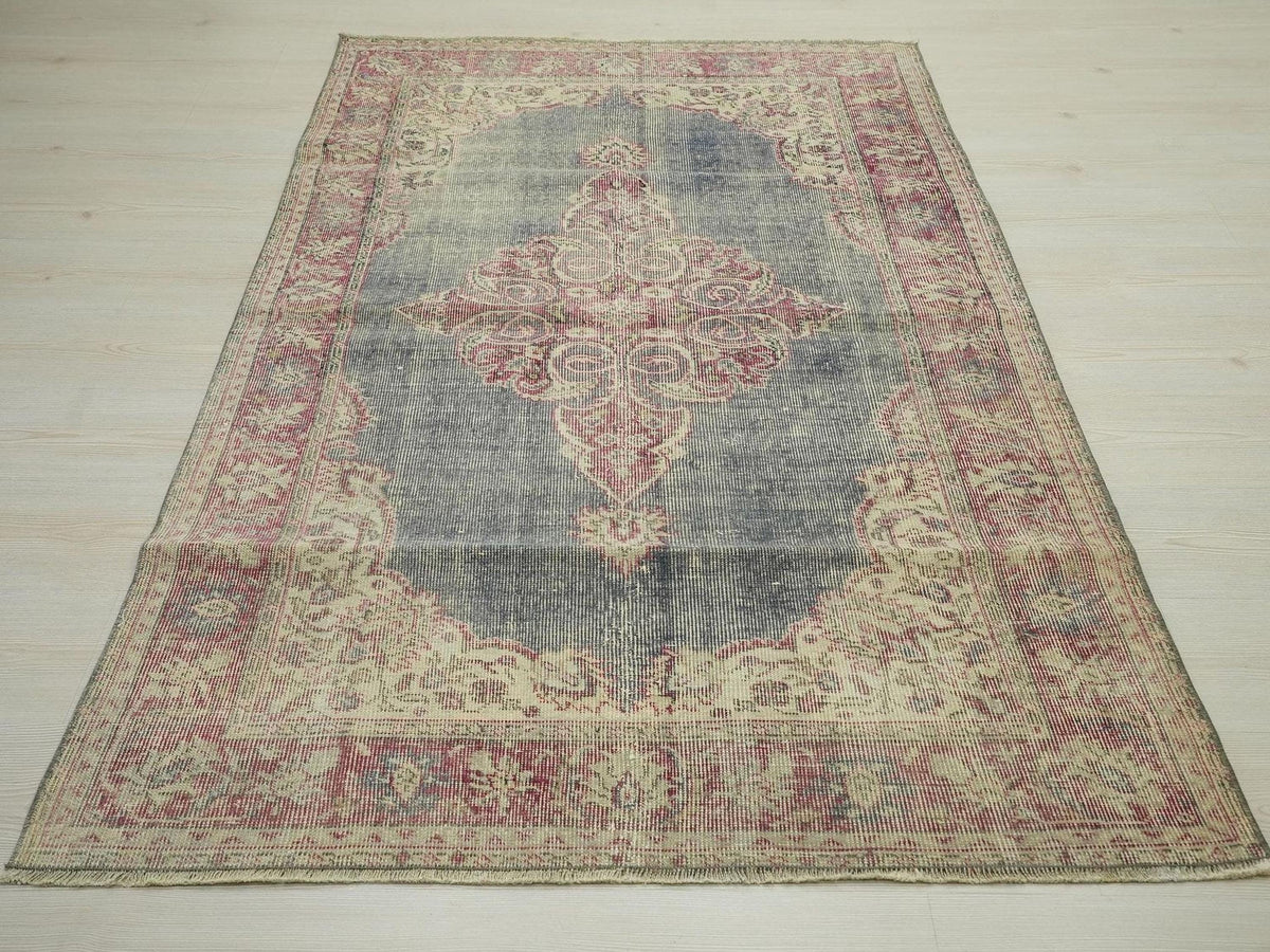 Navy Blue Vintage Oushak Rug: Small Turkish Wool Carpet Rugs. 3,9"x6,5" Feet.