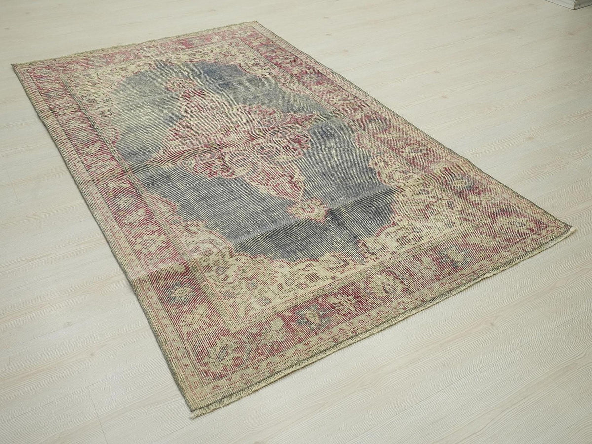 Navy Blue Vintage Oushak Rug: Small Turkish Wool Carpet Rugs. 3,9"x6,5" Feet.