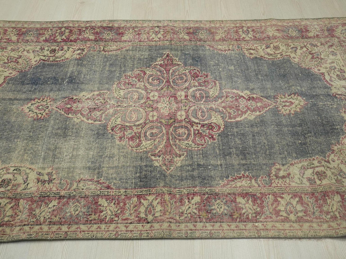 Navy Blue Vintage Oushak Rug: Small Turkish Wool Carpet Rugs. 3,9"x6,5" Feet.