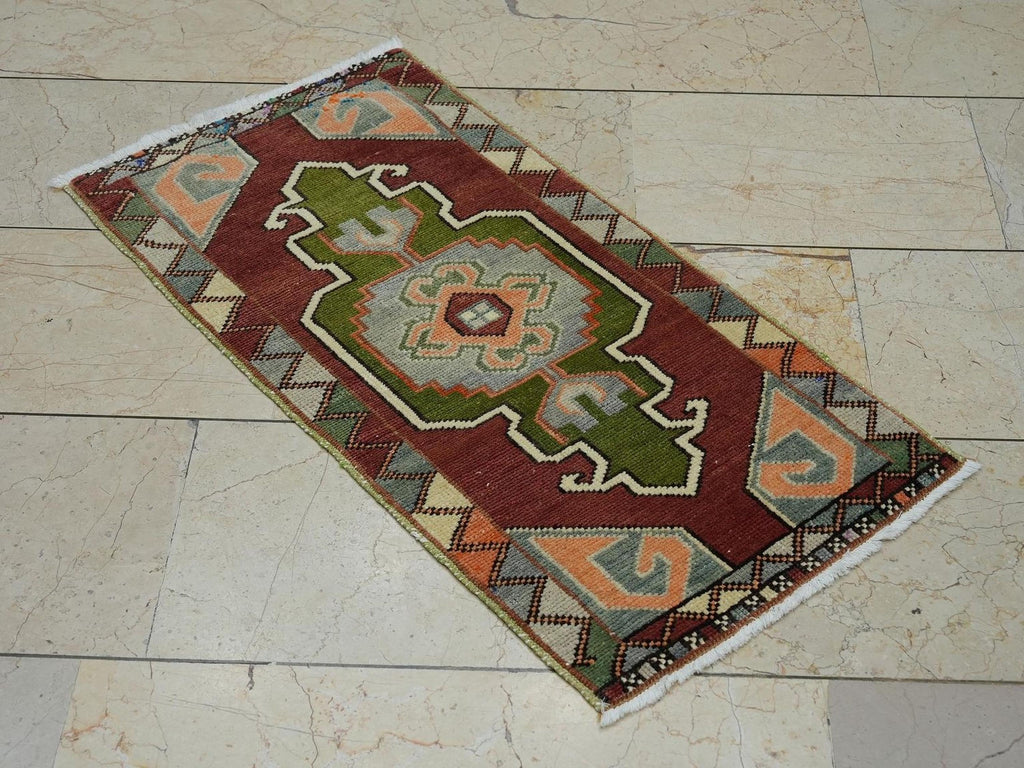 Rare Primitive Pattern Small Turkish Carpet Rug: 1.7x3.1 Feet,Wall Hanging Handmade Rugs.