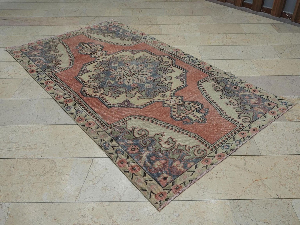 Mid Century Modern,Vintage Turkish Wool Carpet Rug:4.4x7.7 Feet,Low Pile Oushak Rugs.