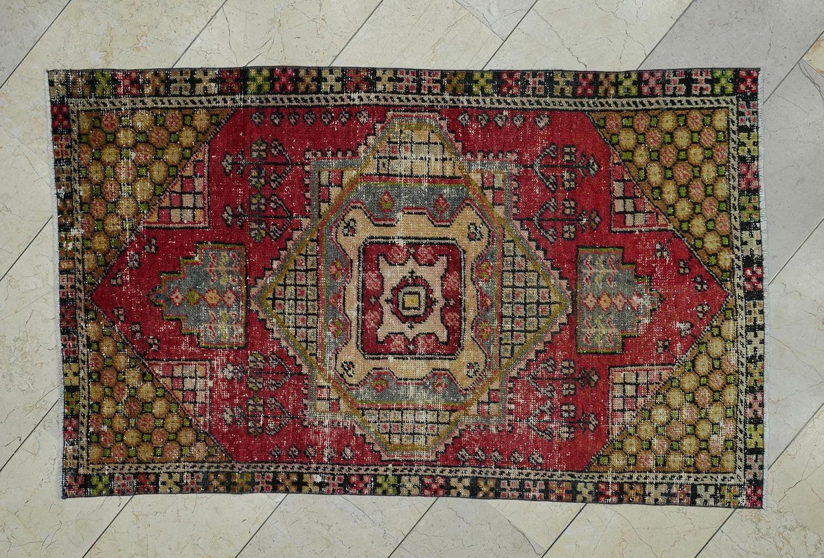 Small Size Colorful Vintage Oushak Rug: 3.7x5.9 Feet,Mid Century Modern Rugs.