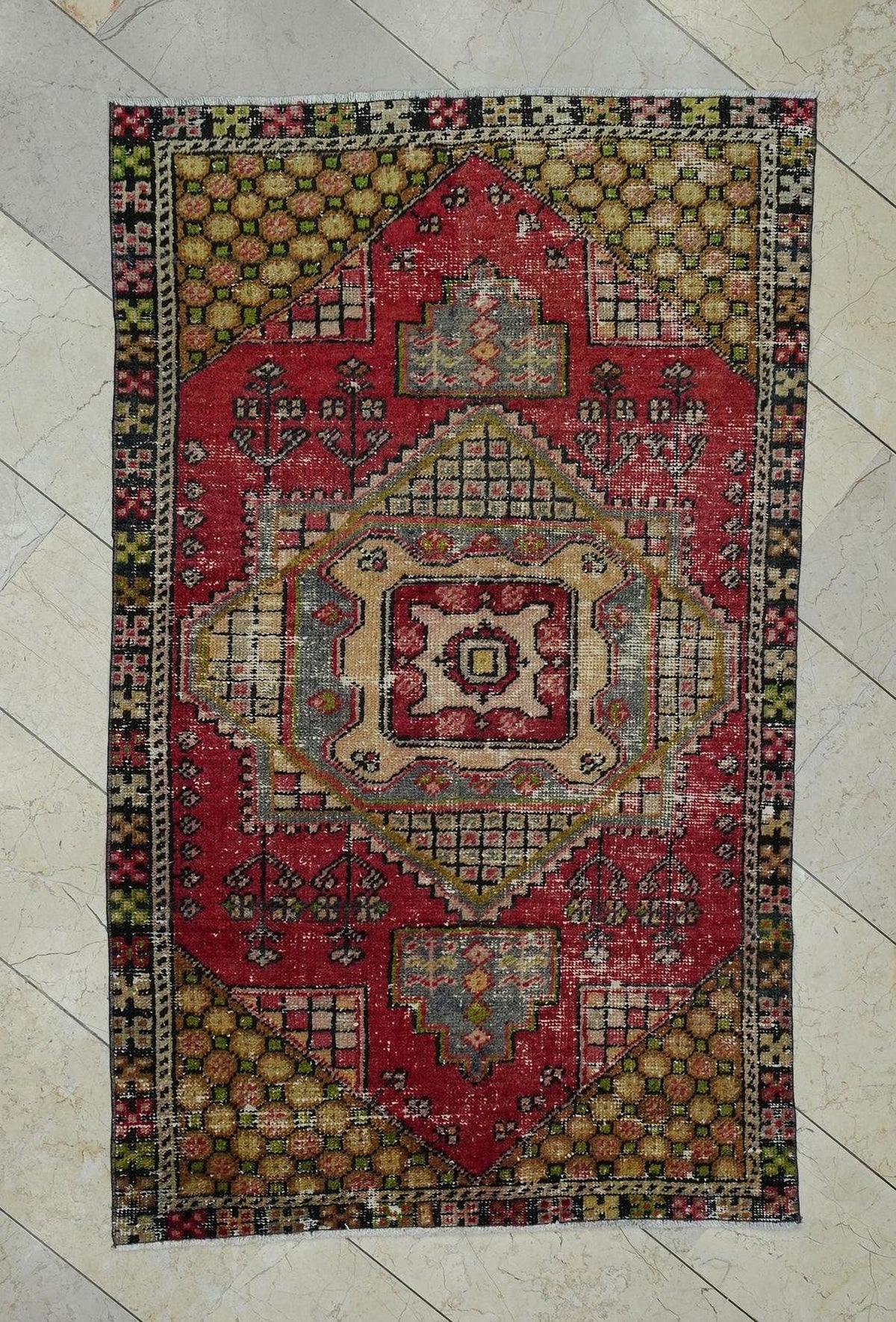 Small Size Colorful Vintage Oushak Rug: 3.7x5.9 Feet,Mid Century Modern Rugs.
