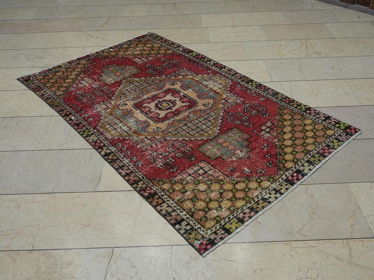 Small Size Colorful Vintage Oushak Rug: 3.7x5.9 Feet,Mid Century Modern Rugs.