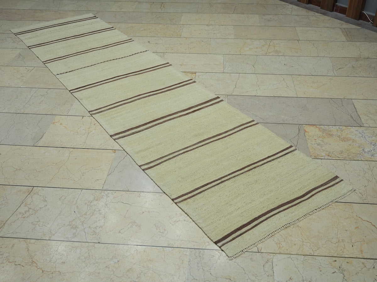 Striped Neutral Kilim Rug Runner:2.4x9.5 Feet,Narrow Corridor Decor,Turkish Rugs.