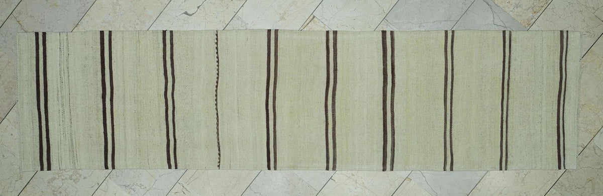 Striped Neutral Kilim Rug Runner:2.4x9.5 Feet,Narrow Corridor Decor,Turkish Rugs.