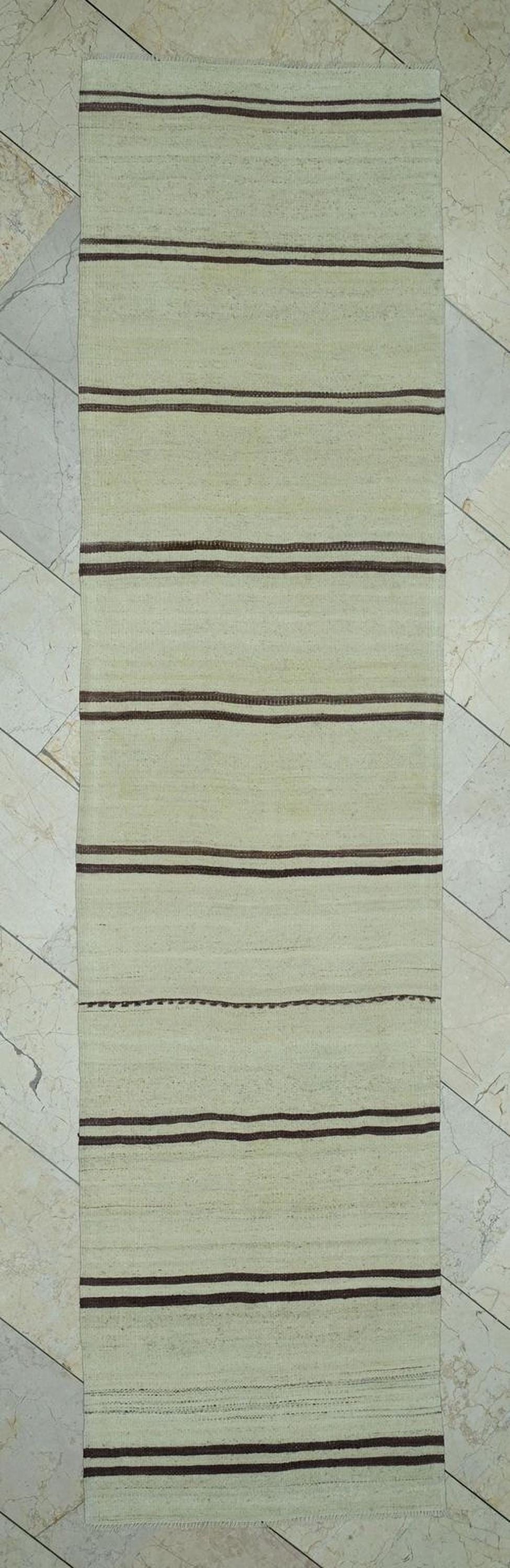 Striped Neutral Kilim Rug Runner:2.4x9.5 Feet,Narrow Corridor Decor,Turkish Rugs.