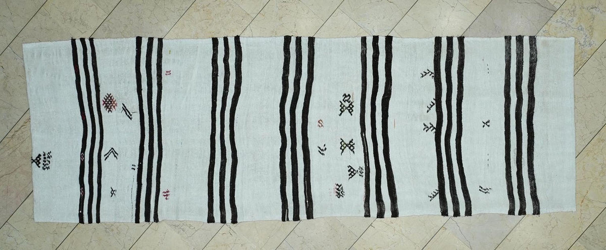 Dark Brown Striped White Hemp Kilim Rug Runner: 3.3x10 Feet,Scandinavian Style Decor Rugs.