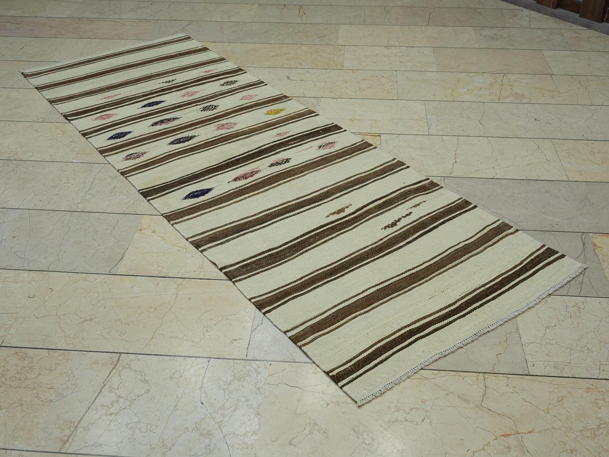 Striped  Flat Weave Wool Turkish Kilim Rug Runner: 2.9x8 Feet,Vintage Natural Rugs.