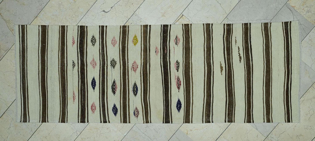 Striped  Flat Weave Wool Turkish Kilim Rug Runner: 2.9x8 Feet,Vintage Natural Rugs.