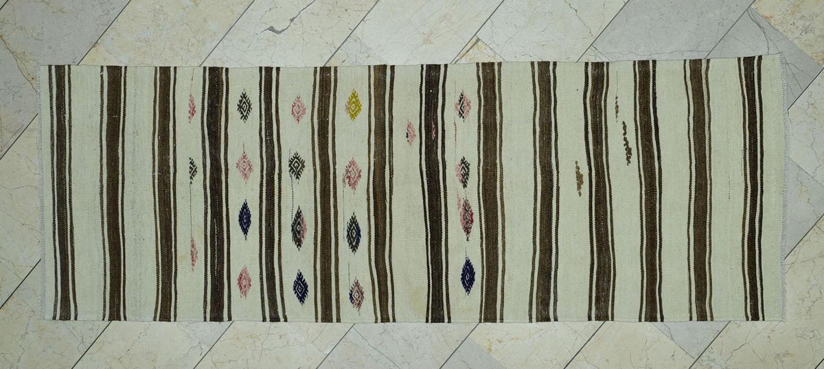 Striped  Flat Weave Wool Turkish Kilim Rug Runner: 2.9x8 Feet,Vintage Natural Rugs.