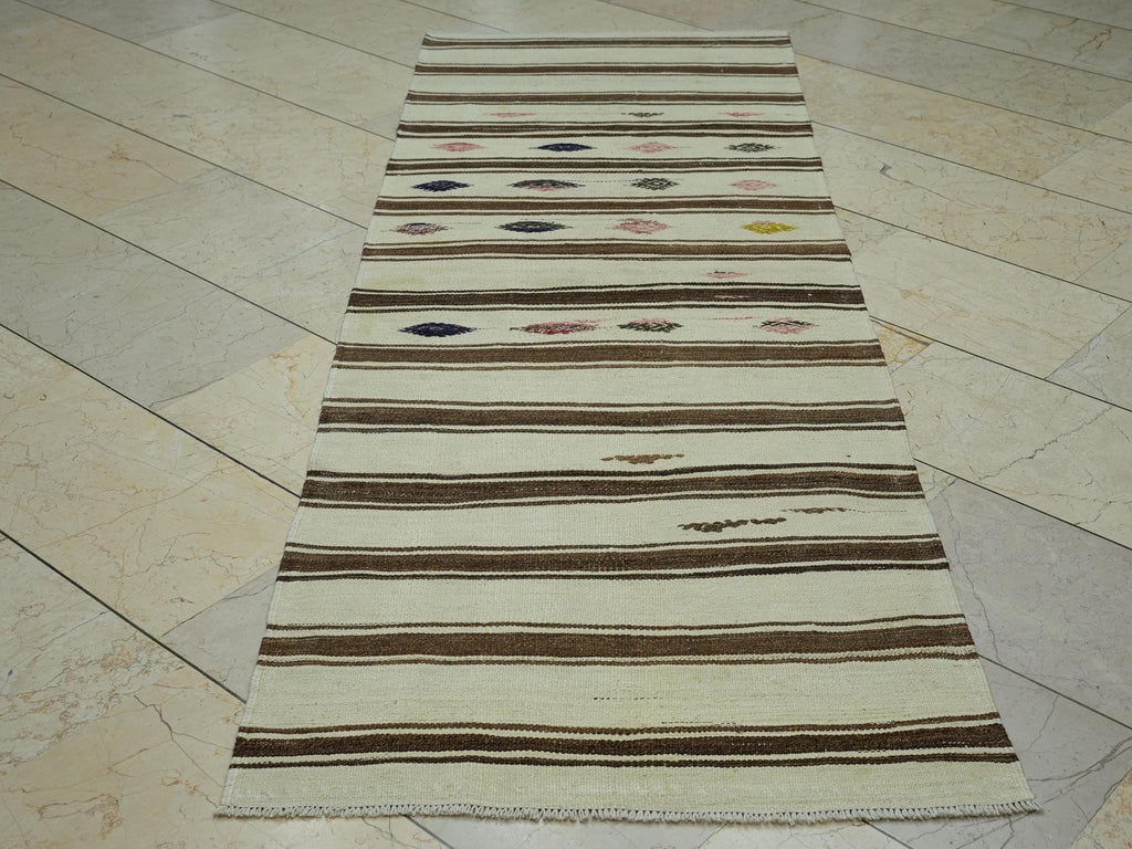 Striped  Flat Weave Wool Turkish Kilim Rug Runner: 2.9x8 Feet,Vintage Natural Rugs.