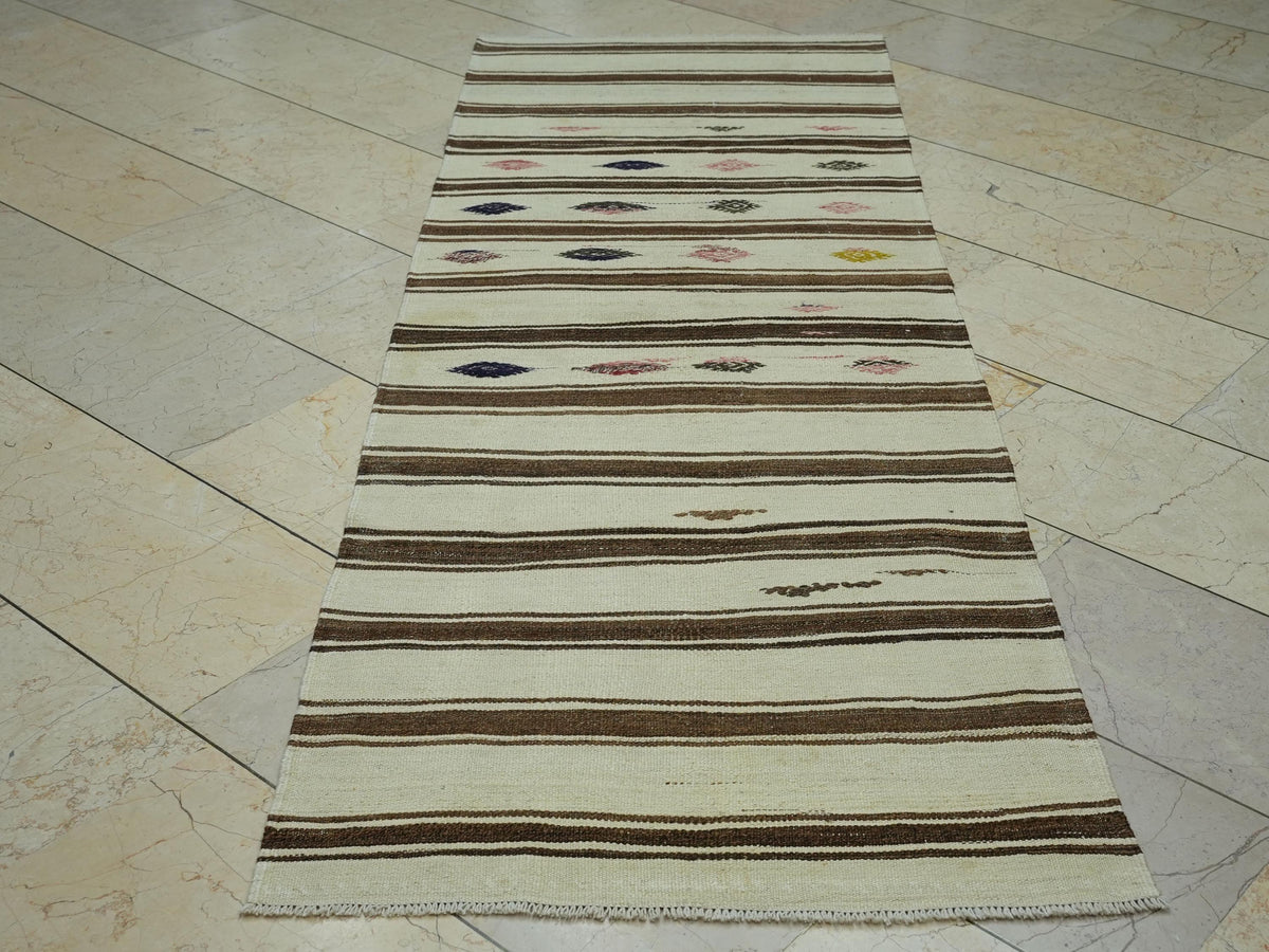 Striped  Flat Weave Wool Turkish Kilim Rug Runner: 2.9x8 Feet,Vintage Natural Rugs.