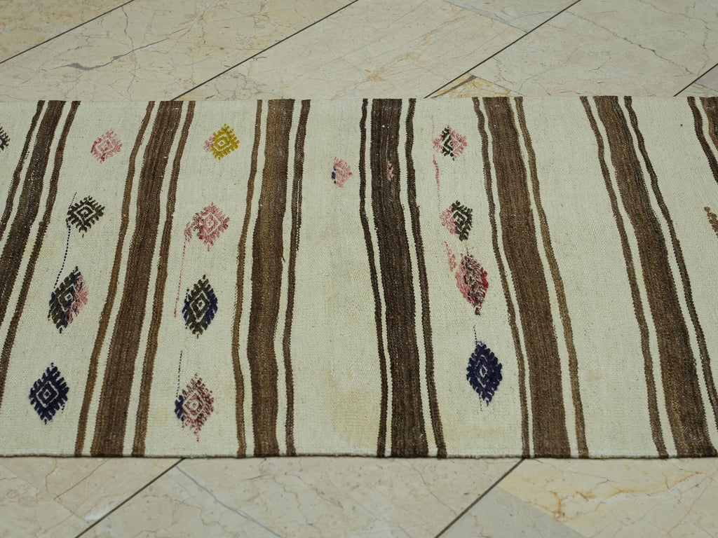 Striped  Flat Weave Wool Turkish Kilim Rug Runner: 2.9x8 Feet,Vintage Natural Rugs.