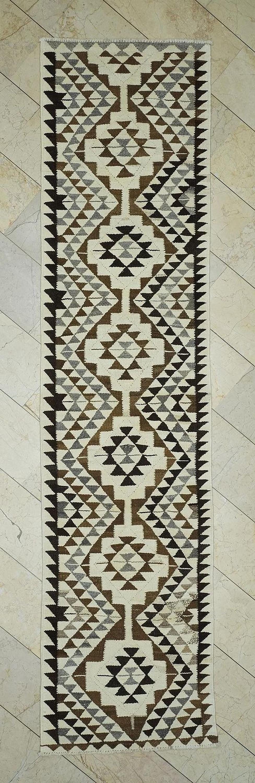 3x12 Neutral Wool Turkish Kilim Rug Runner,Flat Weave Summer Decor Rugs.