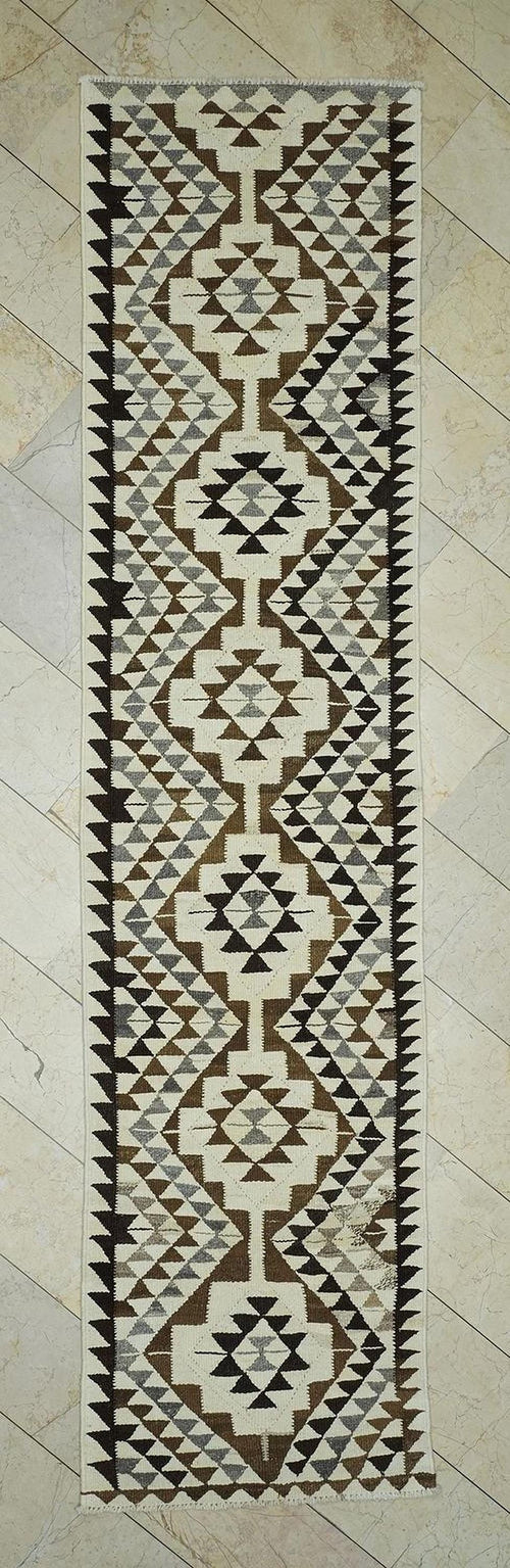 3x12 Neutral Wool Turkish Kilim Rug Runner,Flat Weave Summer Decor Rugs.